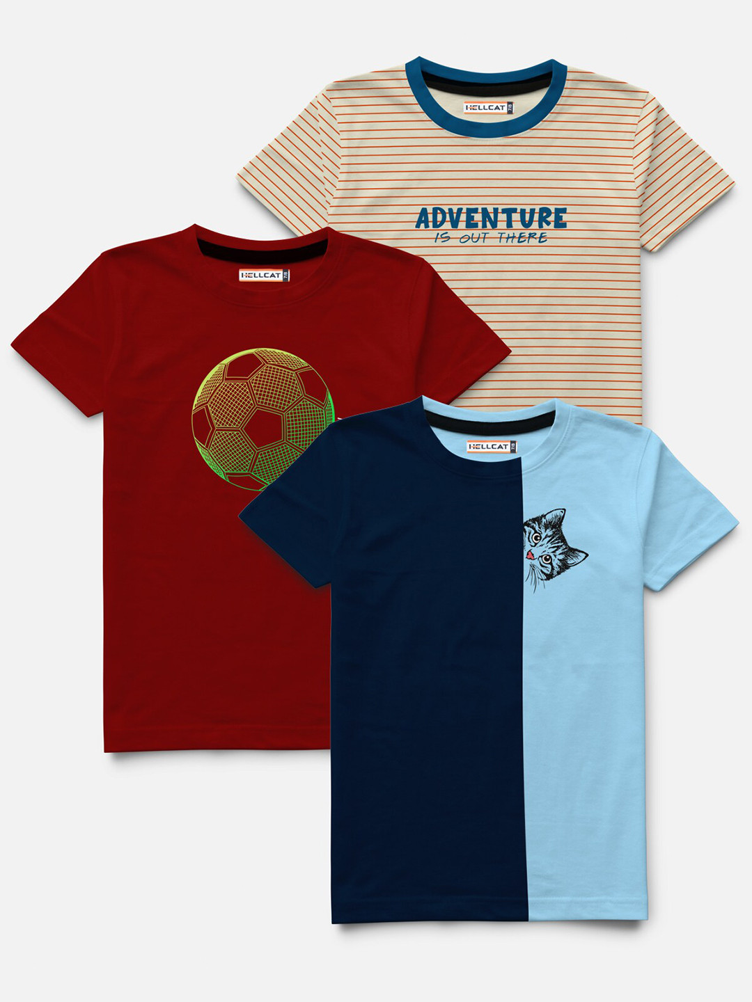 HELLCAT Boys Maroon & Beige Set of 3 Typography Printed Cotton T-shirt