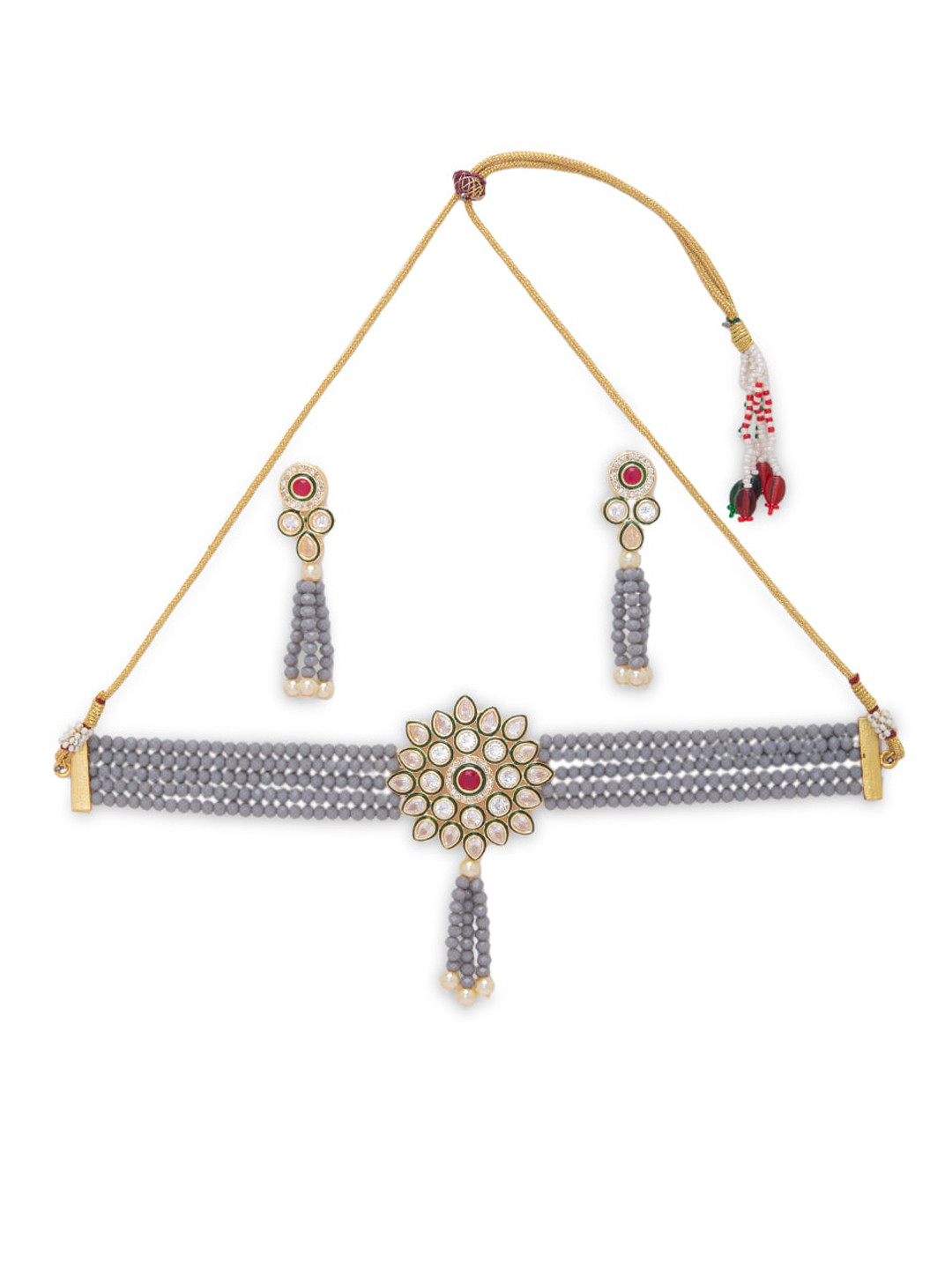 STEORRA JEWELS Gold-Plated White & Grey Kundan-Studded & Beaded Jewellery Set