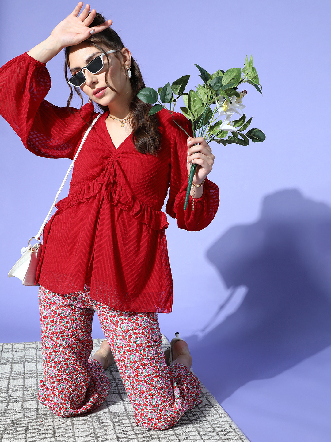 plusS Women Gorgeous Red Vertical Stripes Volume Play Top