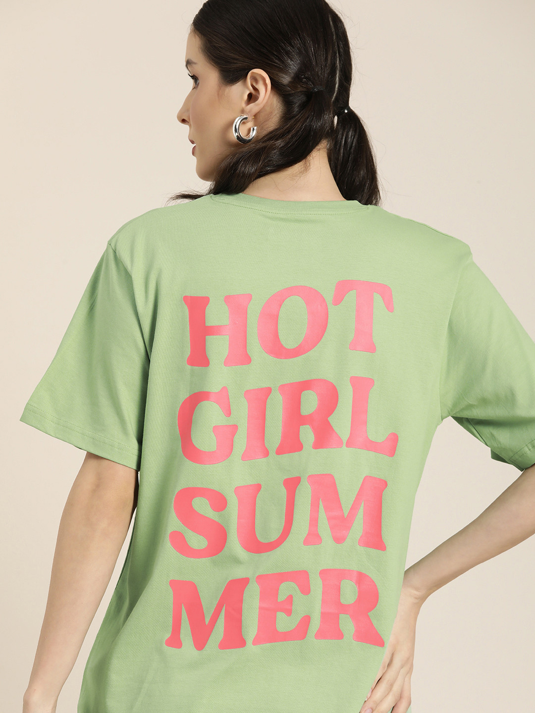 DILLINGER Women Green & Pink Back Typography Print Cotton Oversized Longline T-shirt