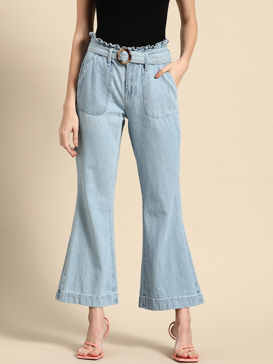 all about you Women Blue Light Wash Denim Bootcut Jeans with Belt and Hornbuckle