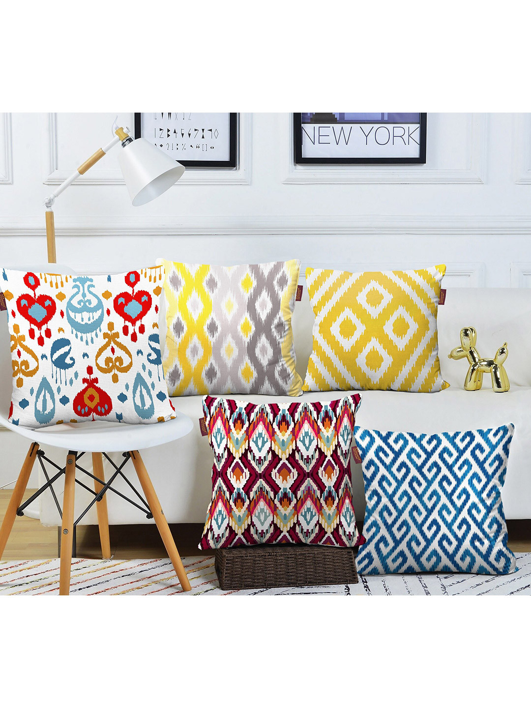 AEROHAVEN Ikat Blue Geometric Cotton Canvas 5 Pcs Patchwork Square Cushion Covers -24x14In