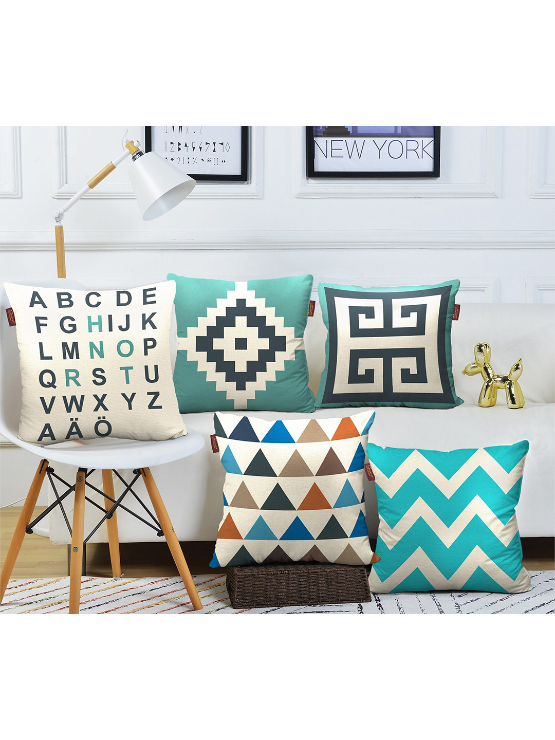 AEROHAVEN Digital Geometric Cotton 5 Pcs Square Cushion Covers - 16 x 16 In