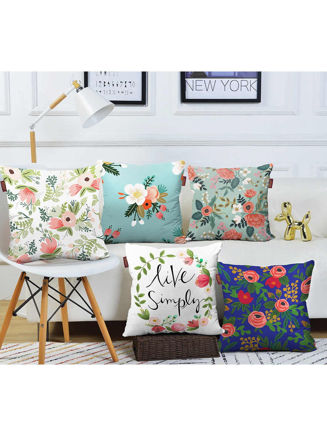 AEROHAVEN Digital Blue Floral Cotton Washable 5 Pcs Square Cushion Covers - 20 x 20 In