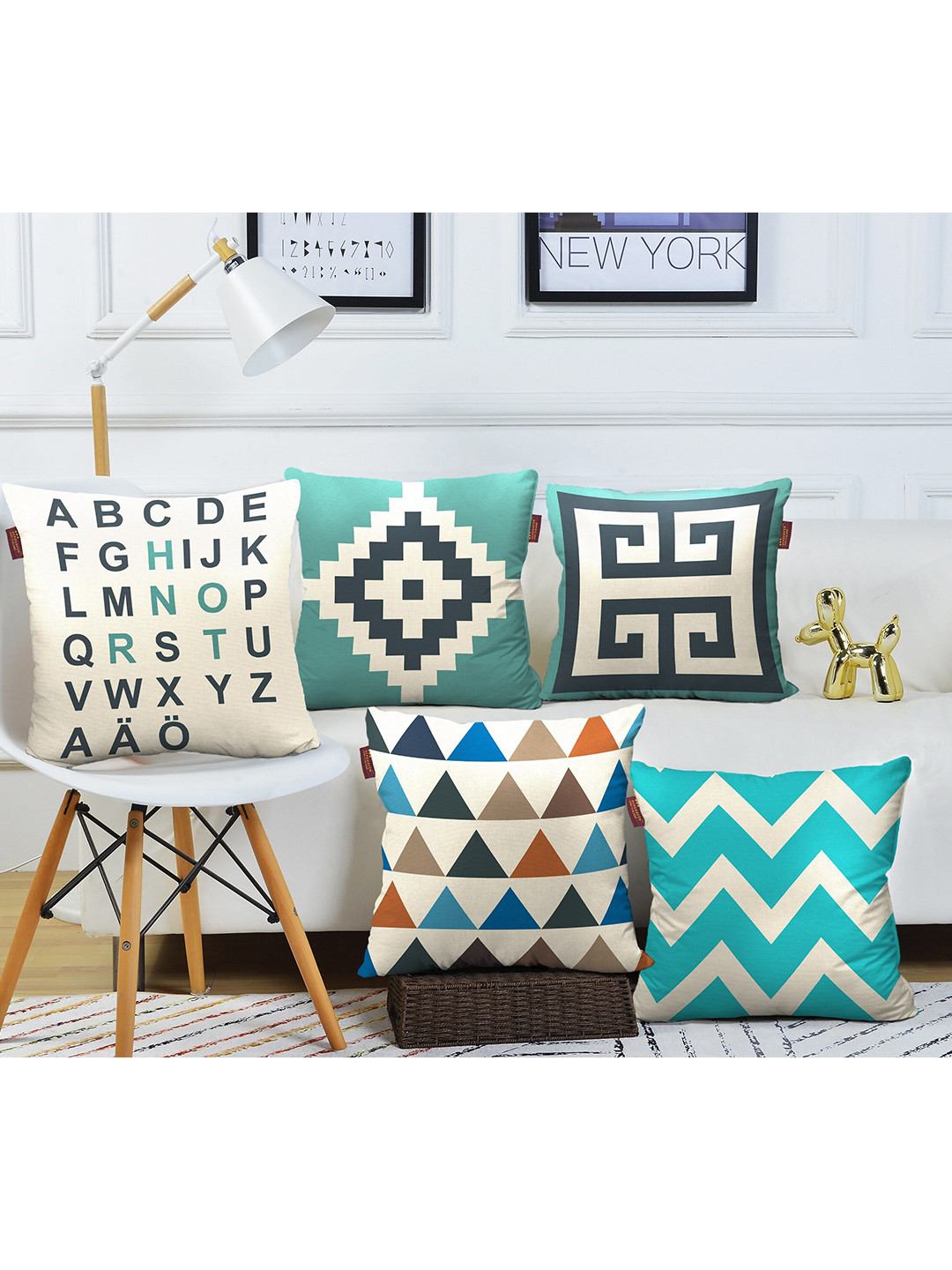 AEROHAVEN Digital Cream Geometric Cotton Washable 5 Pcs Square Cushion Covers - 18 x 18 In