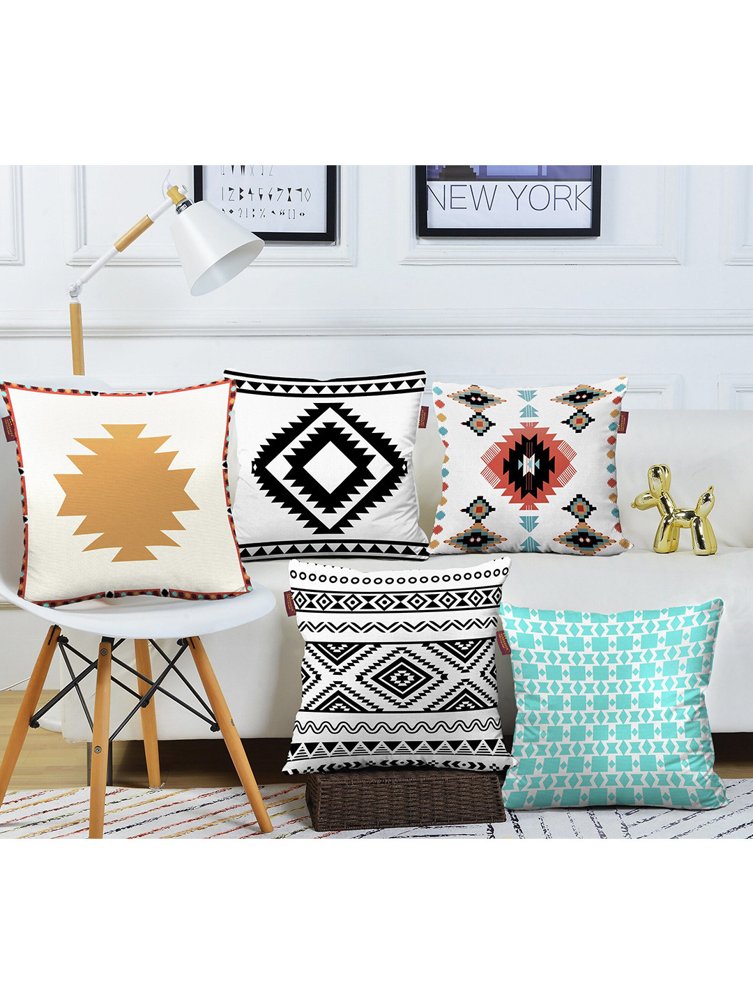 AEROHAVEN Digital Blue Geometric Cotton Washable 5 Pcs Square Cushion Covers - 12 x 12 In