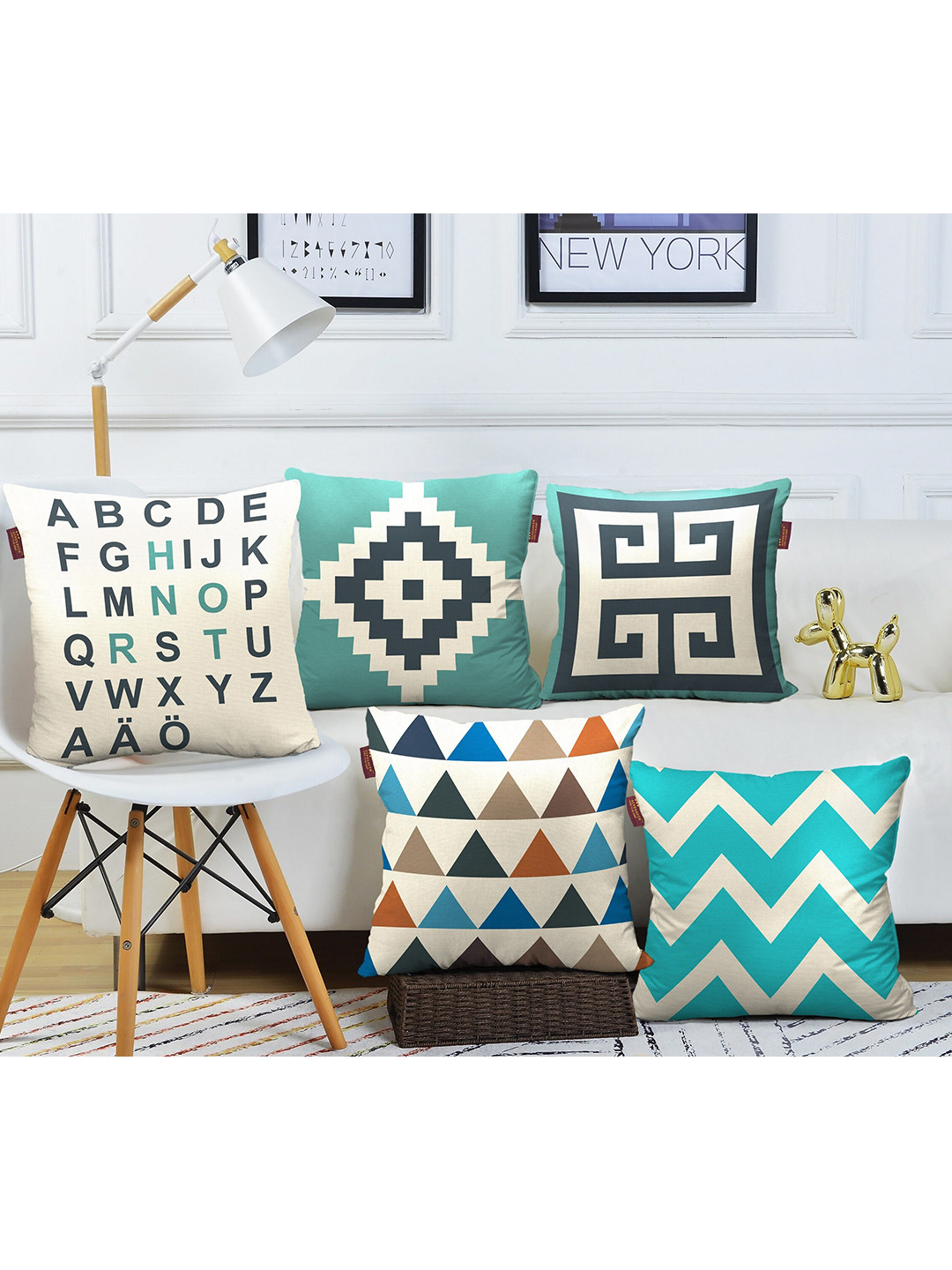 AEROHAVEN Cream Coloured & Teal 5 Pieces Geometric Square Cushion Covers