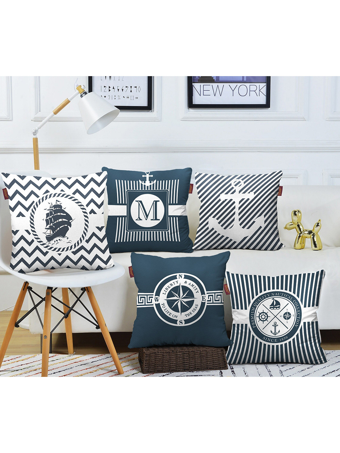 AEROHAVEN Light-Weight Navy Blue Geometric Cotton 5 Piece Square Cushion Covers -16x16In