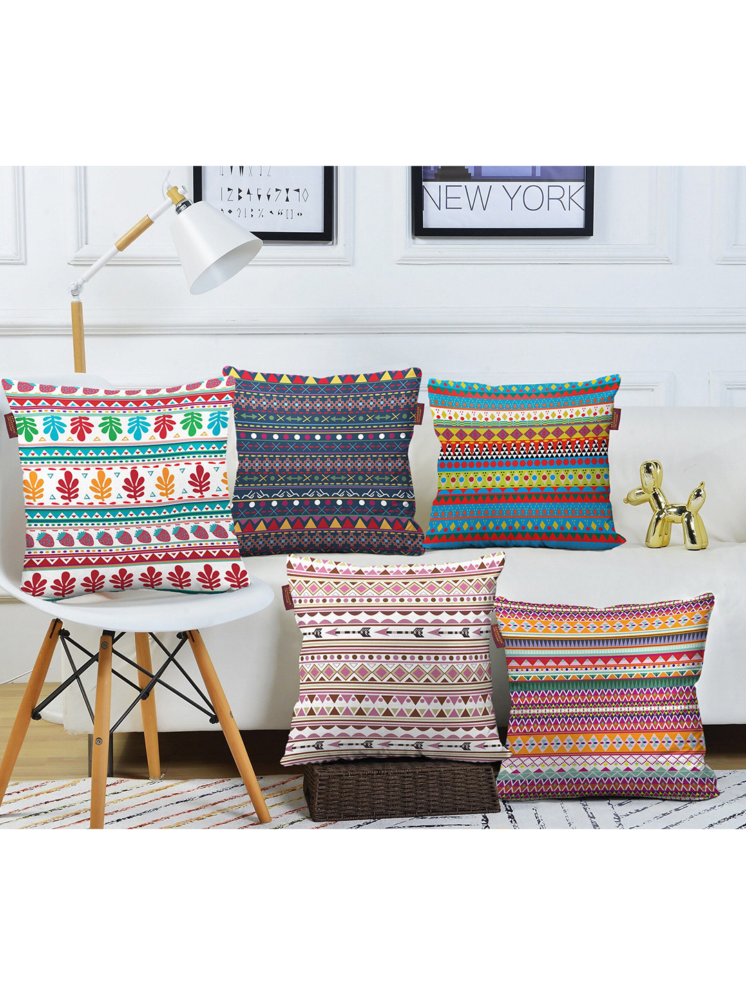 AEROHAVEN Blue and Red 5 Pieces Geometric Square Cushion Covers