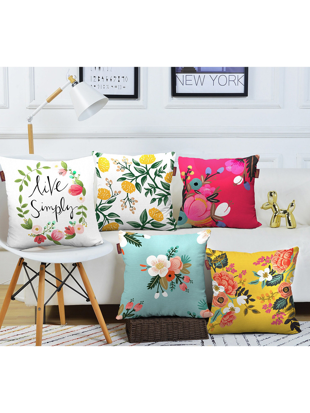 AEROHAVEN White and Yellow 5 Pieces Floral Square Cushion Covers