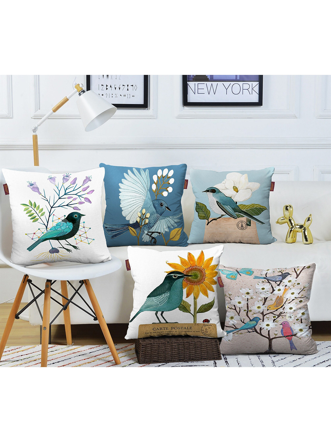 AEROHAVEN Blue & White 5 Pieces Quirky Square Cushion Covers