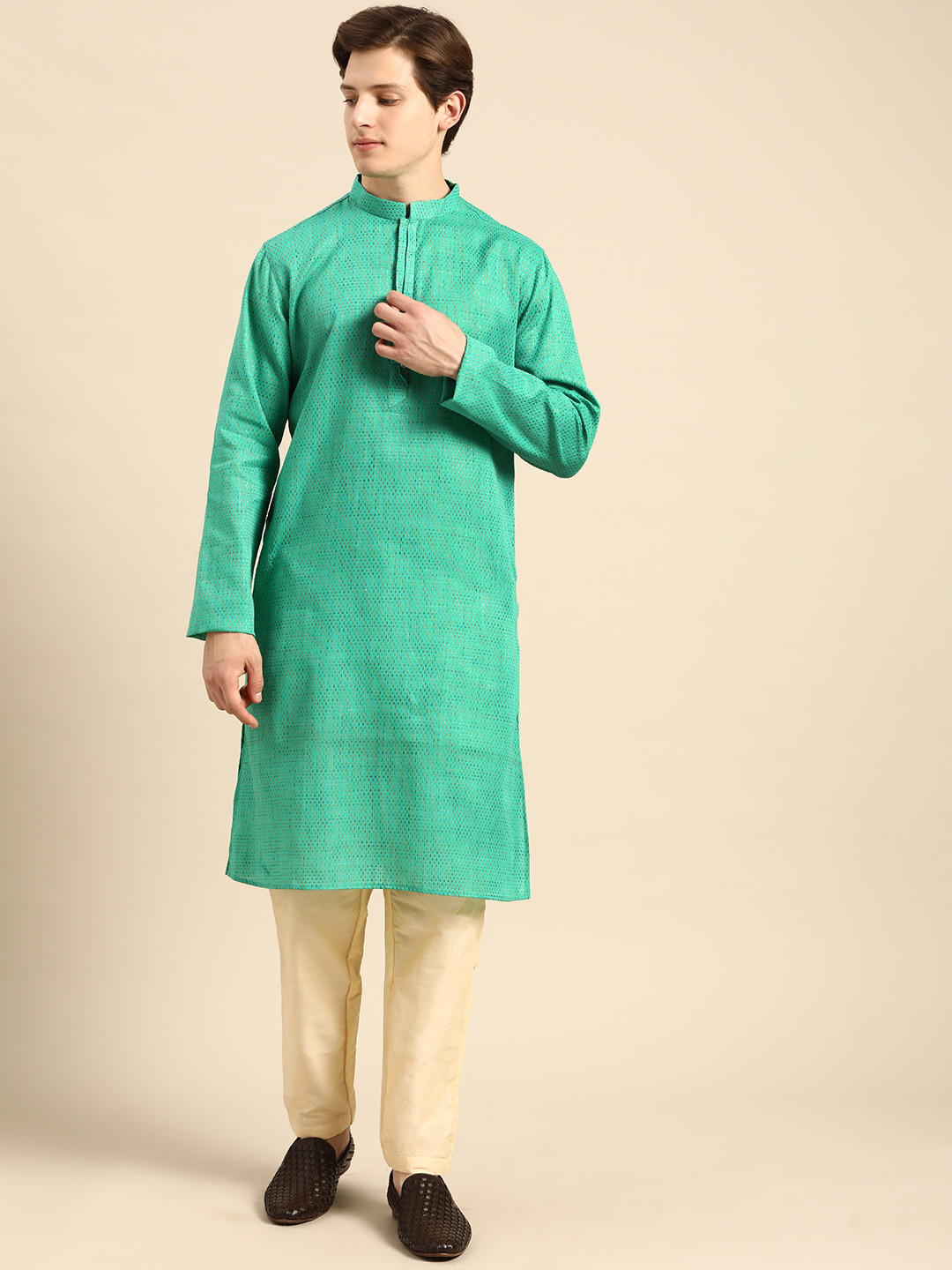 Anouk Men Green & Cream Kurta Set