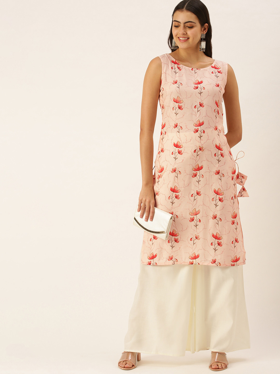 Ethnovog Women Peach Pink  Off White Floral Print Made To Measure Kurta with Palazzos