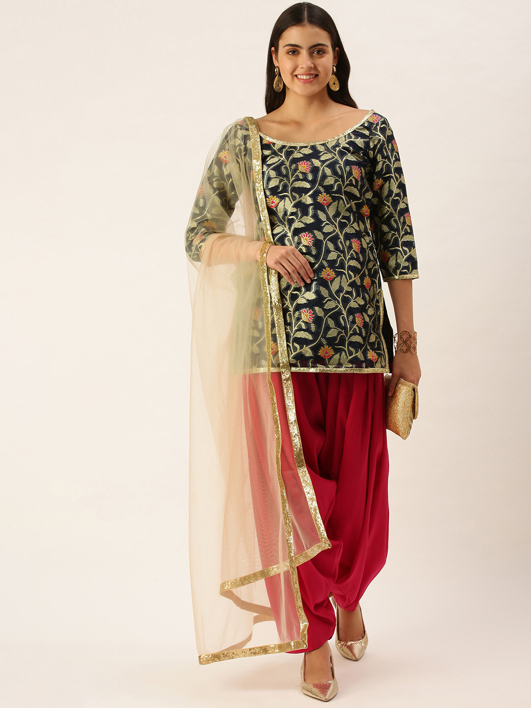 Ethnovog Women Navy Blue Floral Jacquard Woven Design Made To Measure Kurti with Patiala