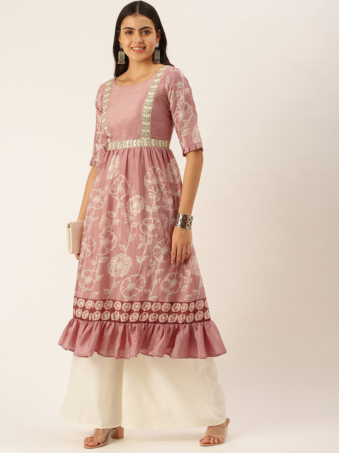 Ethnovog Women Pink  White Floral Foil Print Boat Neck Sequins Made To Measure Kurta