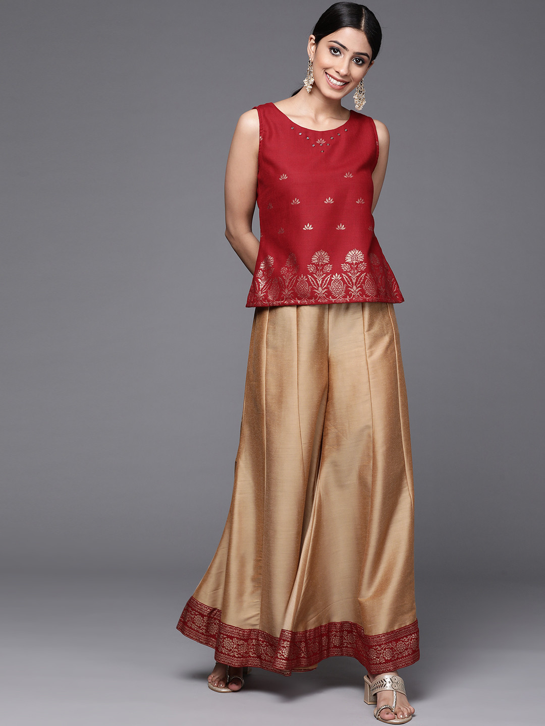 PINKSKY Women Maroon & Beige Printed Top with Palazzo