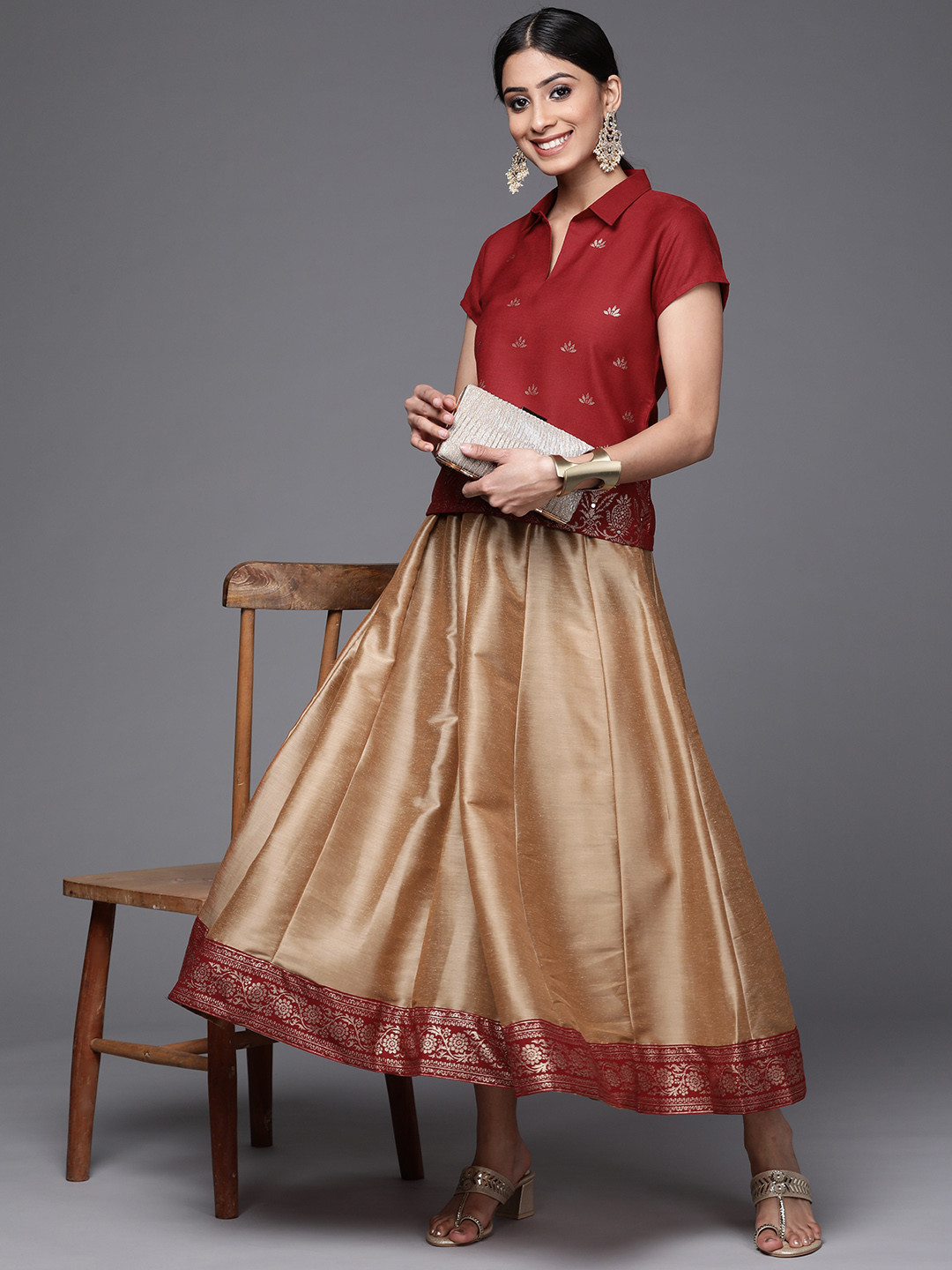 PINKSKY Women Maroon & Beige Printed Top with Skirt