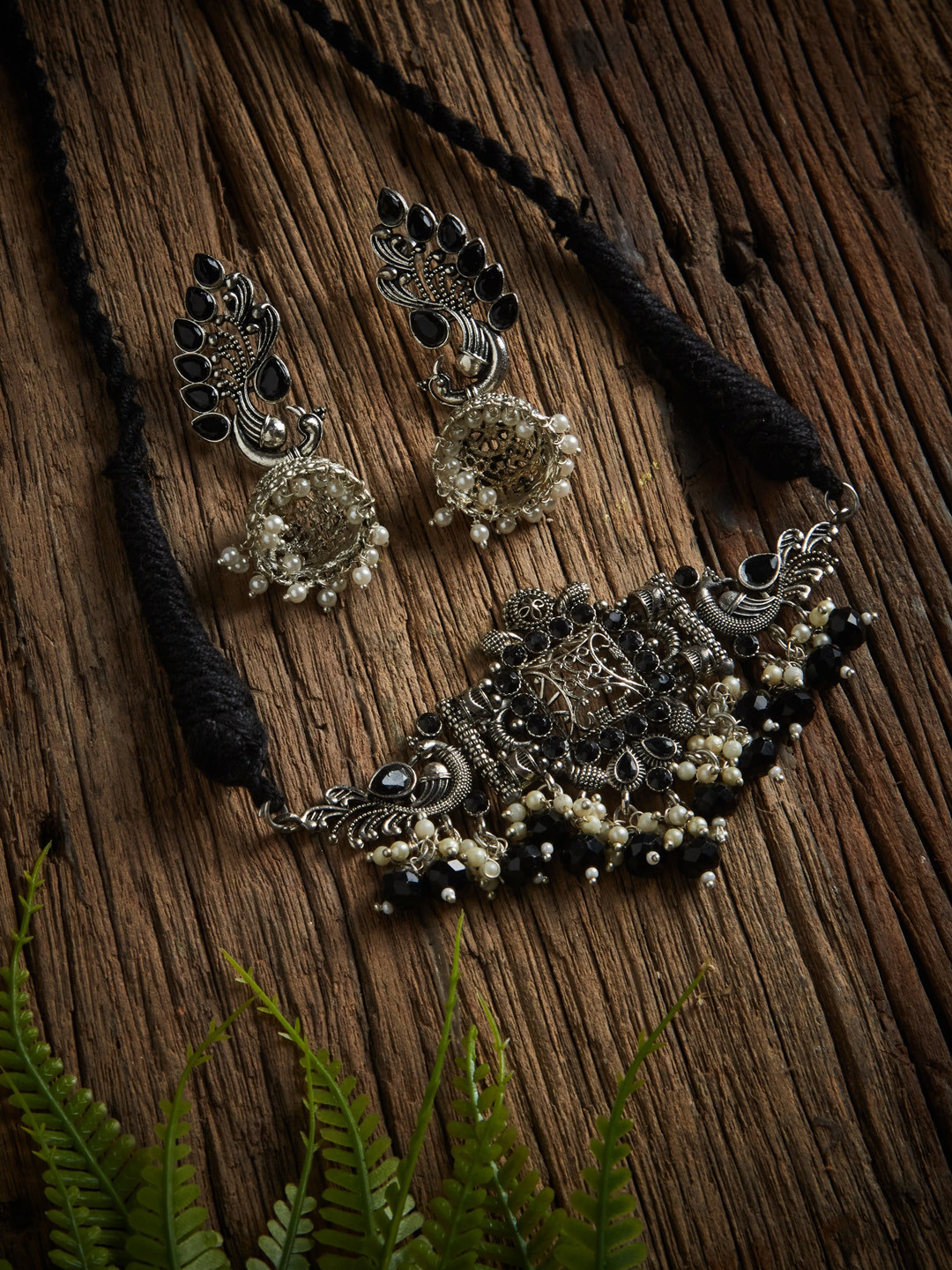 ATIBELLE Silver-Plated Black Stone-Studded Oxidised Choker Jewellery Set