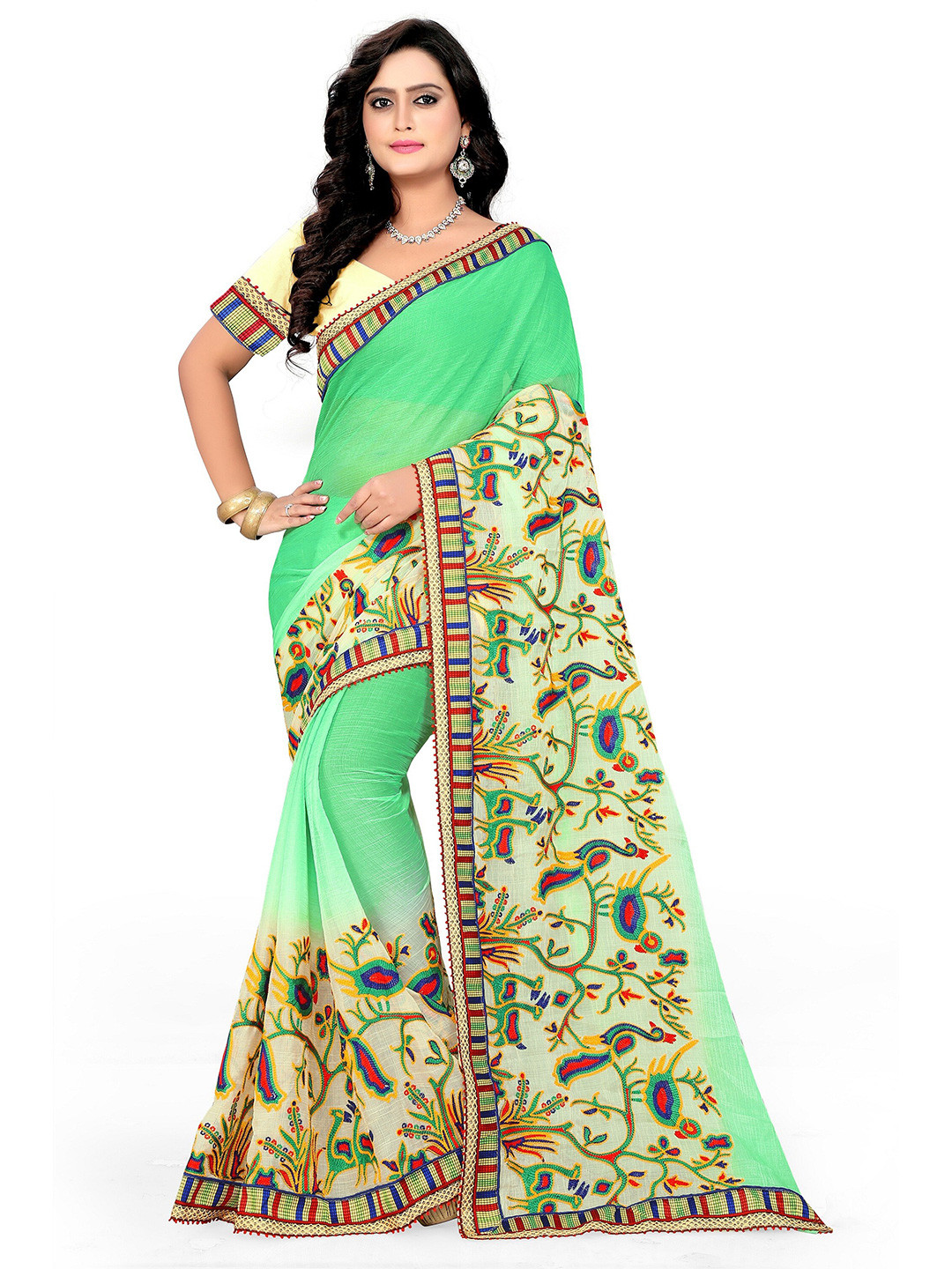 KALINI Green & Beige Floral Gotta Patti Saree