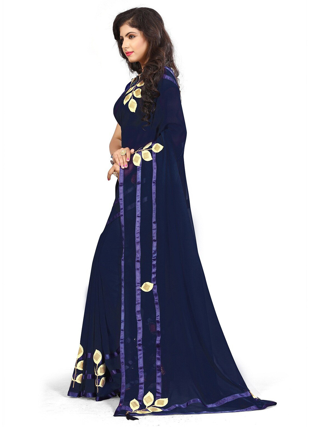 KALINI Blue & Gold-Toned Floral Beads and Stones Georgette Saree