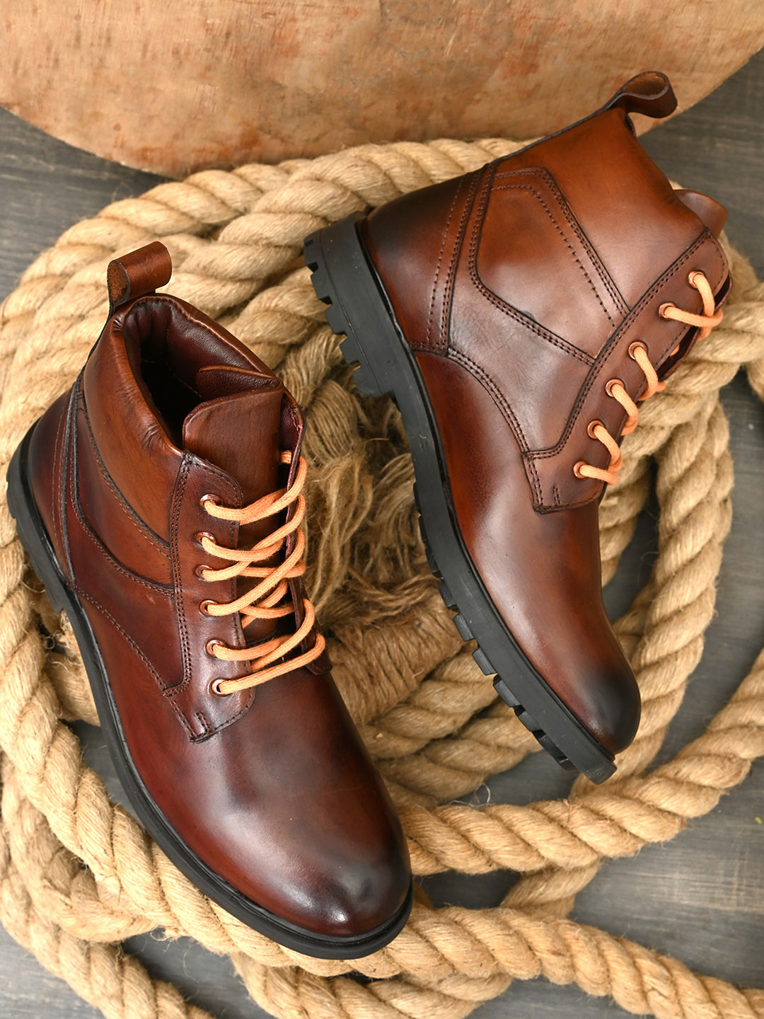 Hirels Men Brown Textured Leather High-Top Flat Boots