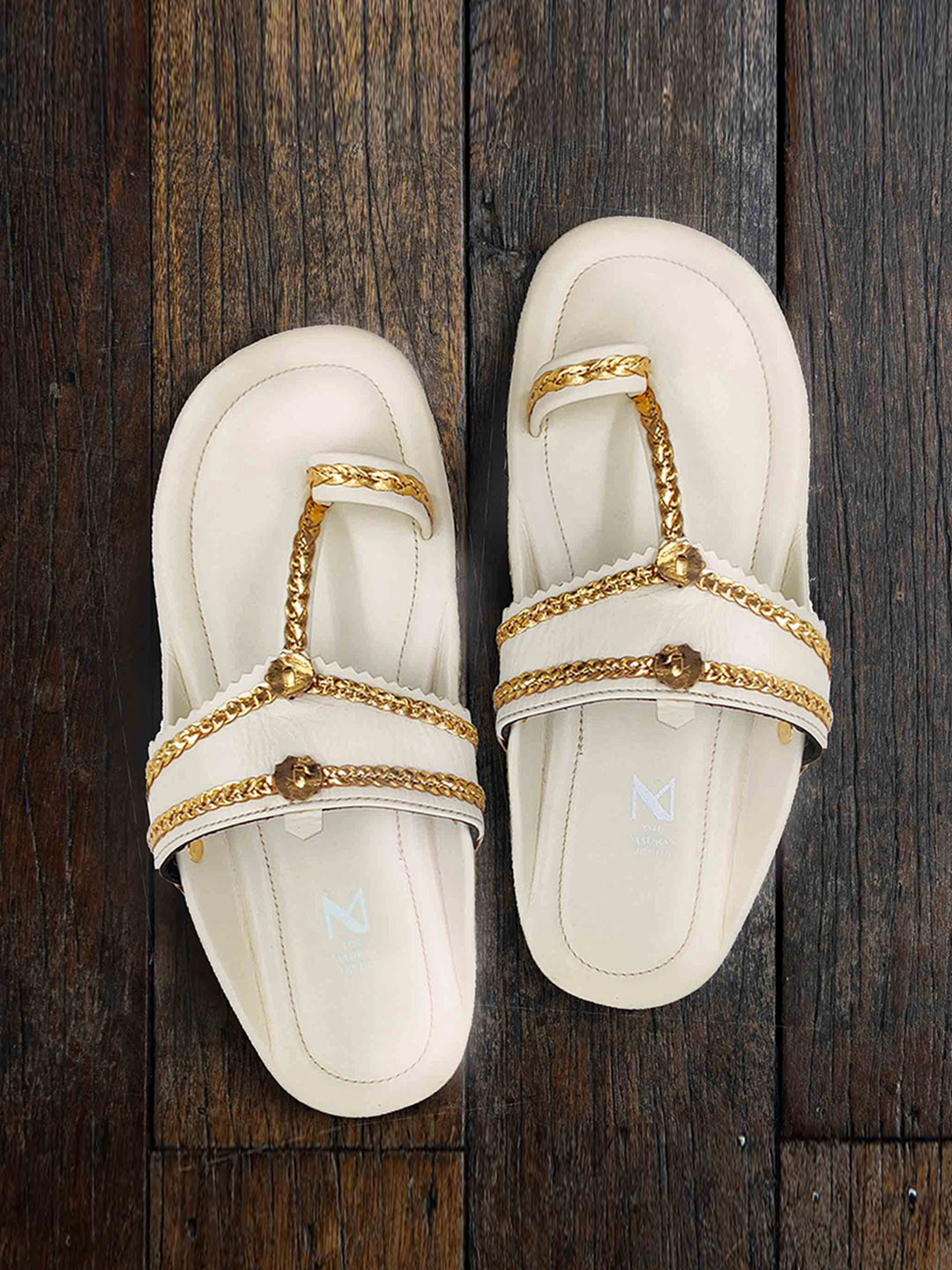 THE MADRAS TRUNK Men White & Gold Textured T-Strap Kolhapuri Flats with Laser Cuts