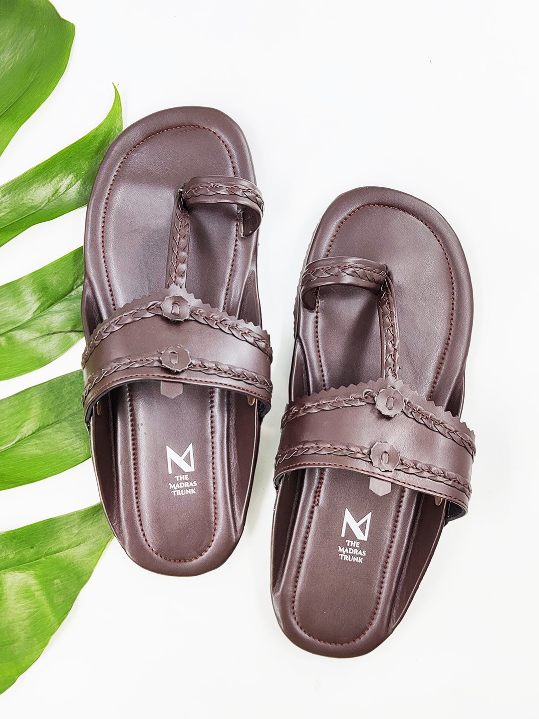 THE MADRAS TRUNK Men Brown Textured T-Strap Flats with Laser Cuts