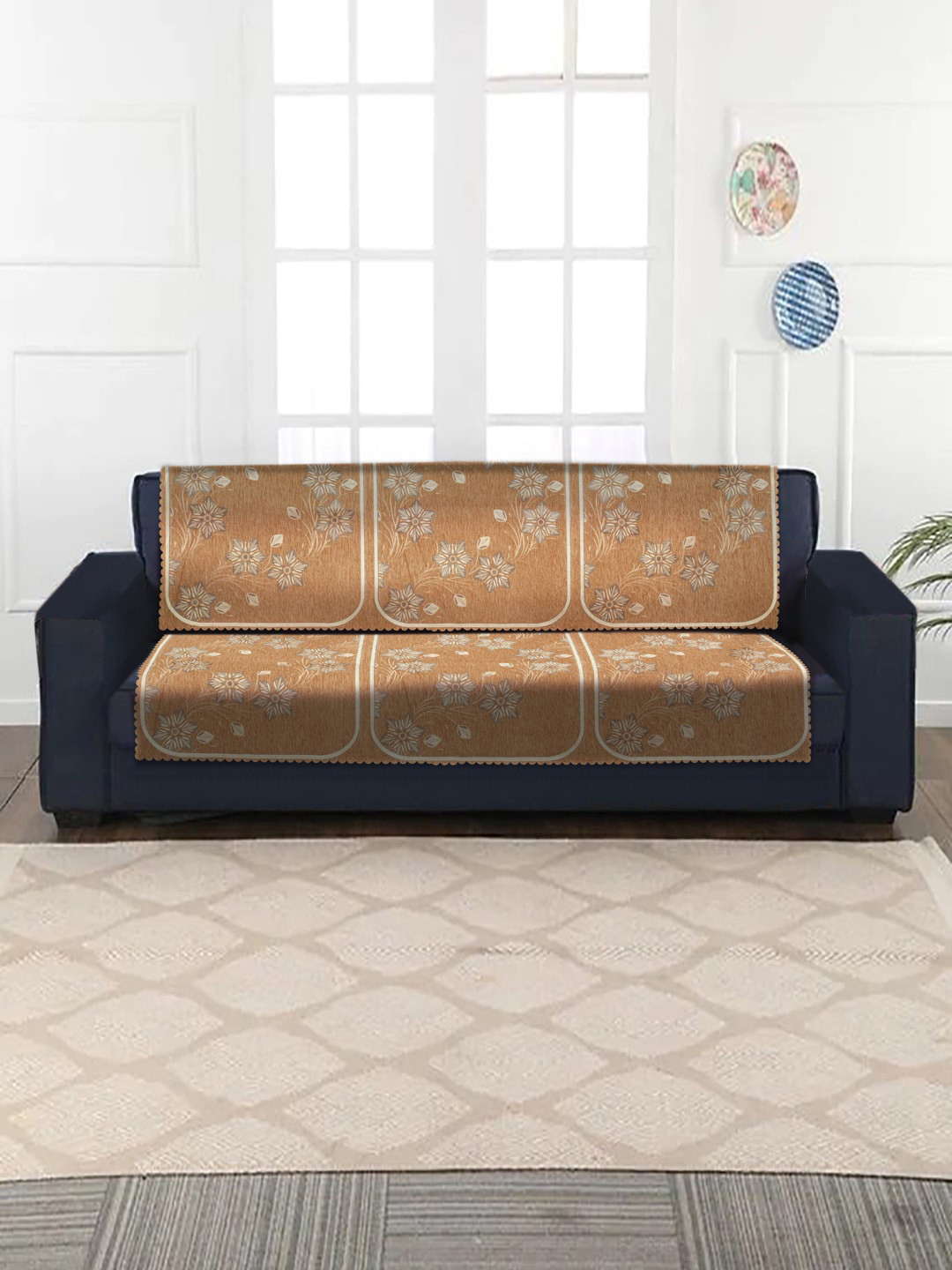 HOSTA HOMES Mustard Yellow Floral Jacquard Velvet 5 Seater Sofa Cover Set