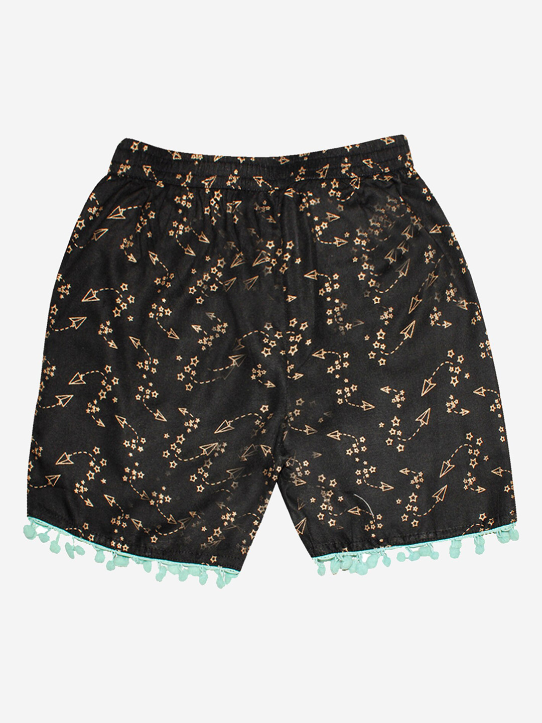 KiddoPanti Girls Black Floral Printed Regular Fit Shorts