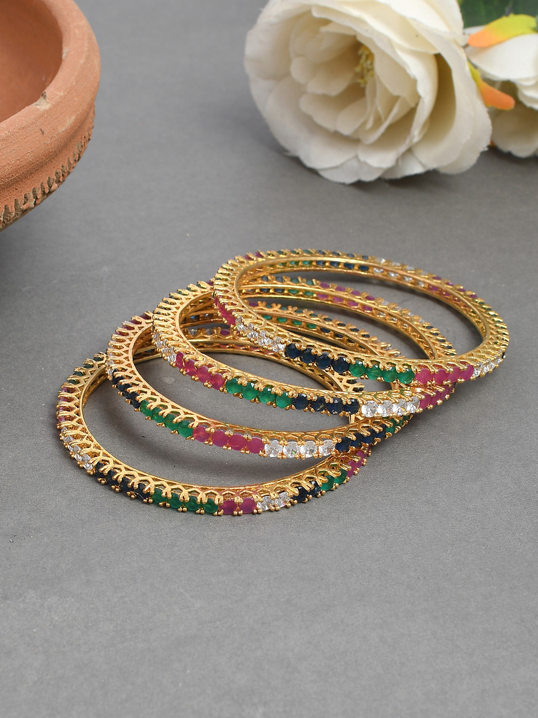 Silvermerc Designs Set Of 4 Gold-Plated Green & Pink AD Studded Bangles