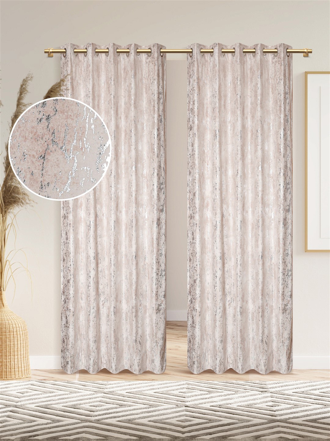 DREAM WEAVERZ Set Of 2 Cream & Silver-Toned Room Darkening Velvet Long Door Curtain