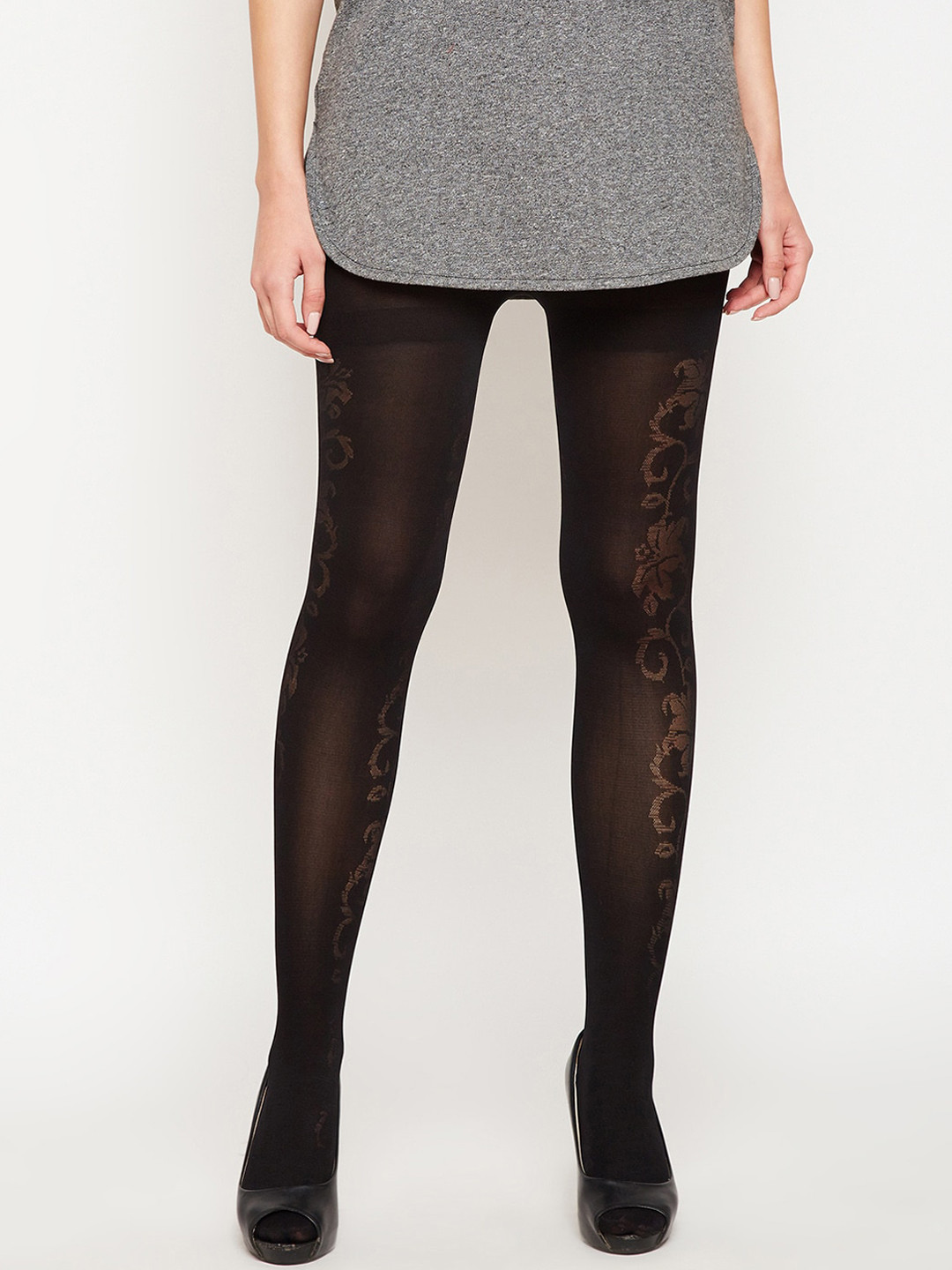 Lebami Women Black Patterned Opaque Stockings