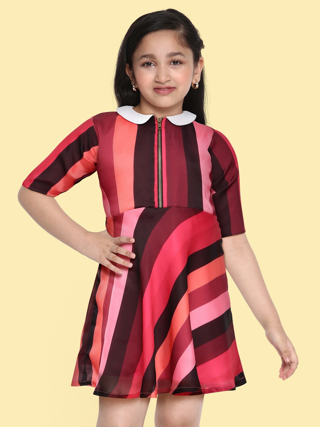 Ethnovog Red  Black Striped Made To Measure Peter Pan Collar Satin A-Line Dress