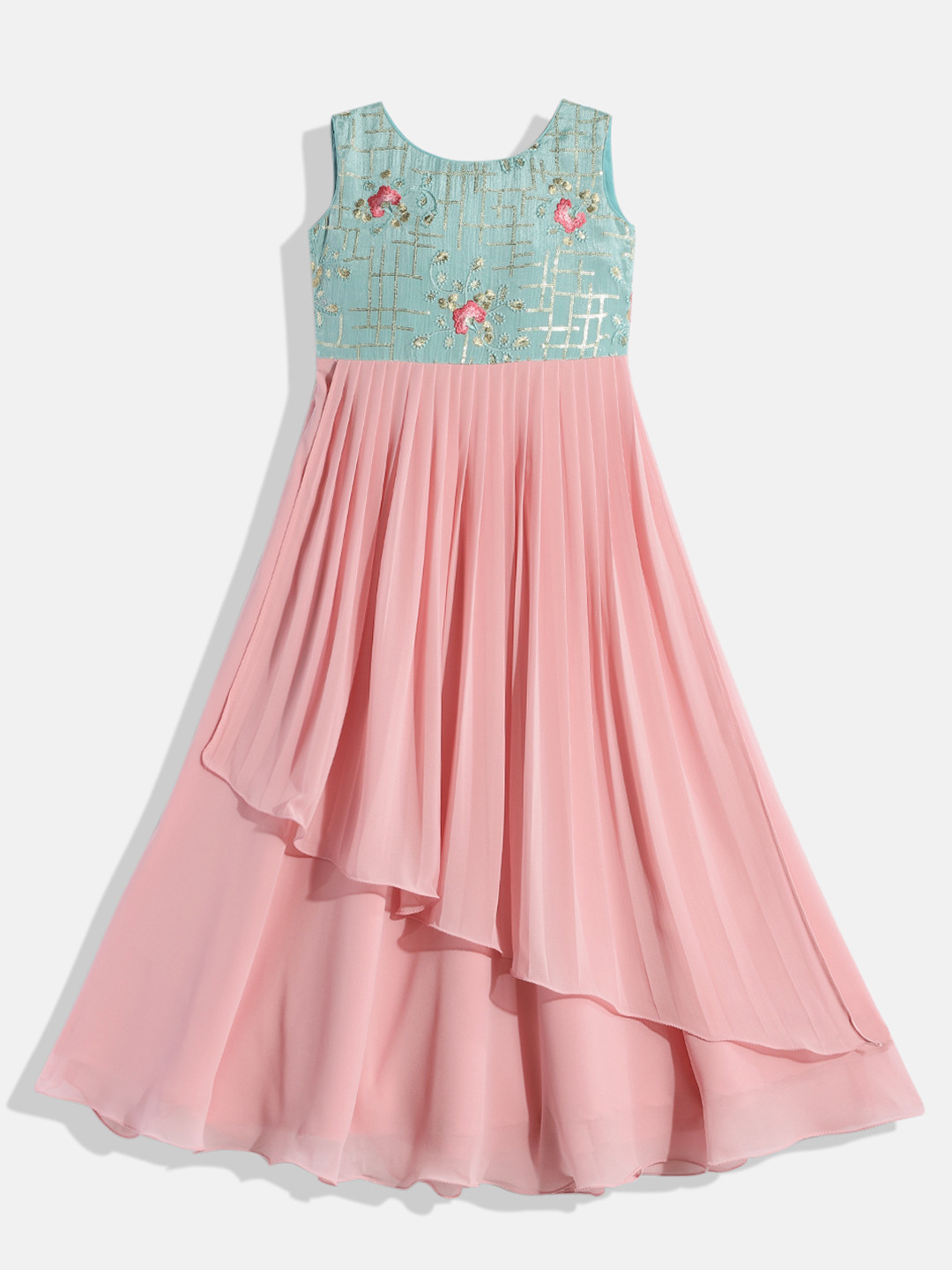 Ethnovog Girls Pink  Blue Made To Measure Floral Embroidered Georgette A-Line Dress