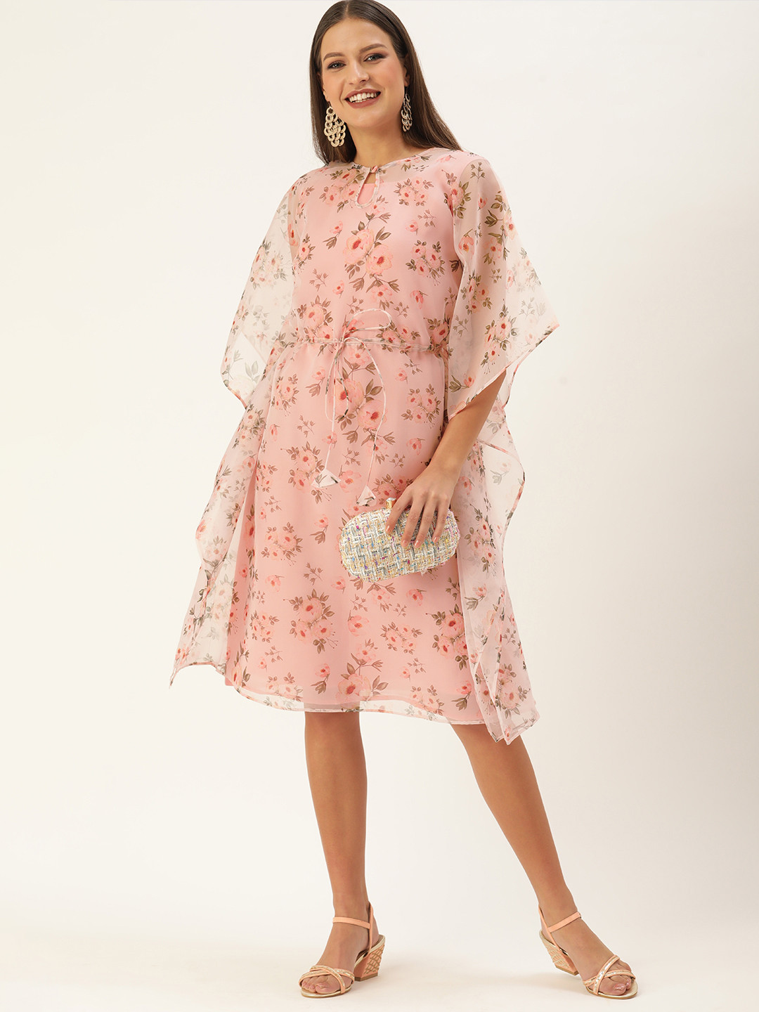 Ethnovog Pink Floral Keyhole Neck Layered Georgette Dress