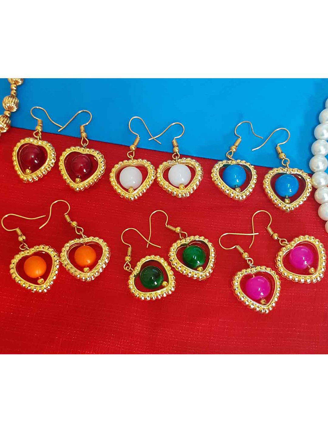 RICH AND FAMOUS Gold-Toned & Multicoloured Set Of 6 Small Stone Heart Shaped Drop Earrings