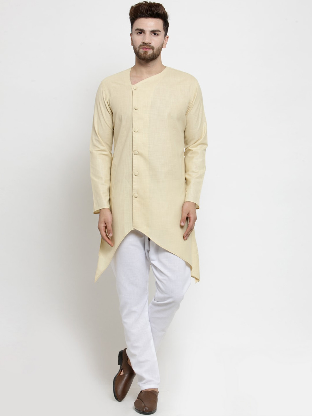 TREEMODA Men Beige Angrakha Linen Kurta with Pyjamas