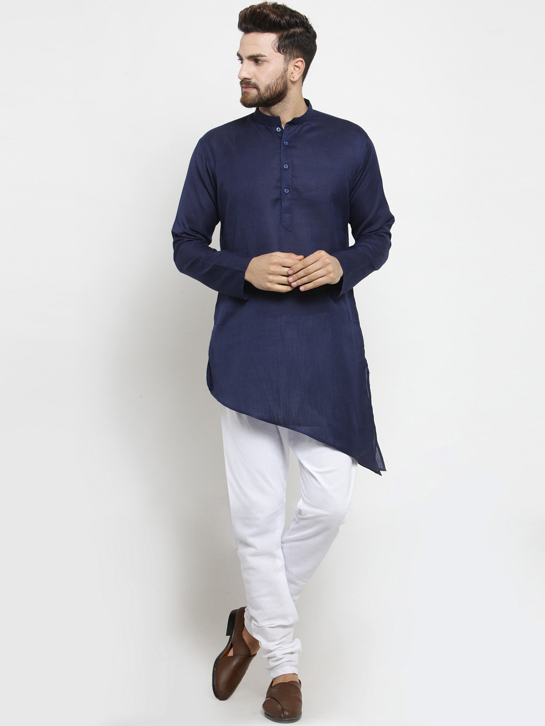 TREEMODA Men Navy Blue & White Linen Kurta with Pyjamas