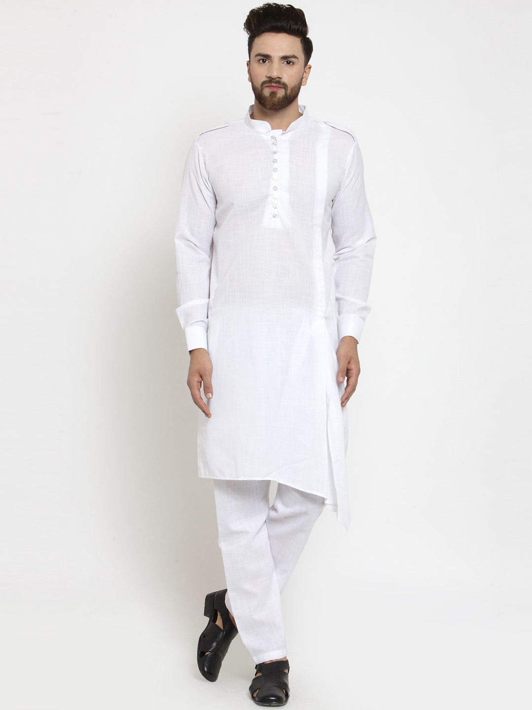 TREEMODA Men White Angrakha Linen Kurta with Pyjamas