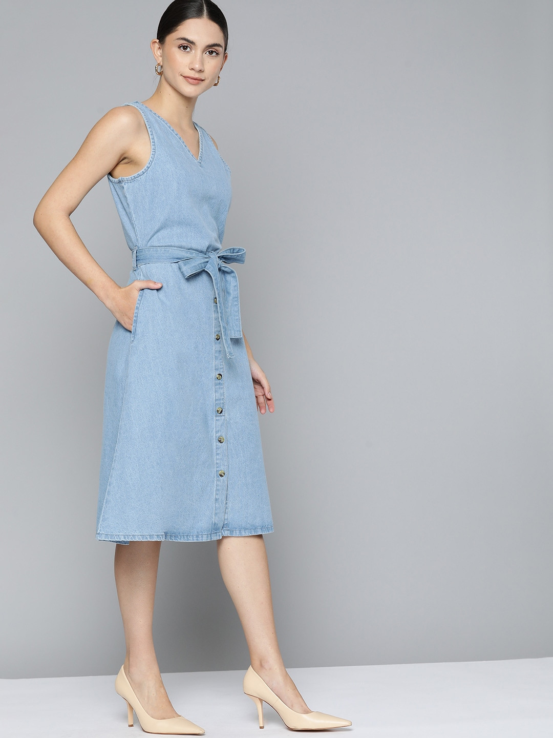 Chemistry Blue  Cotton Denim A-Line Midi Dress with Belt