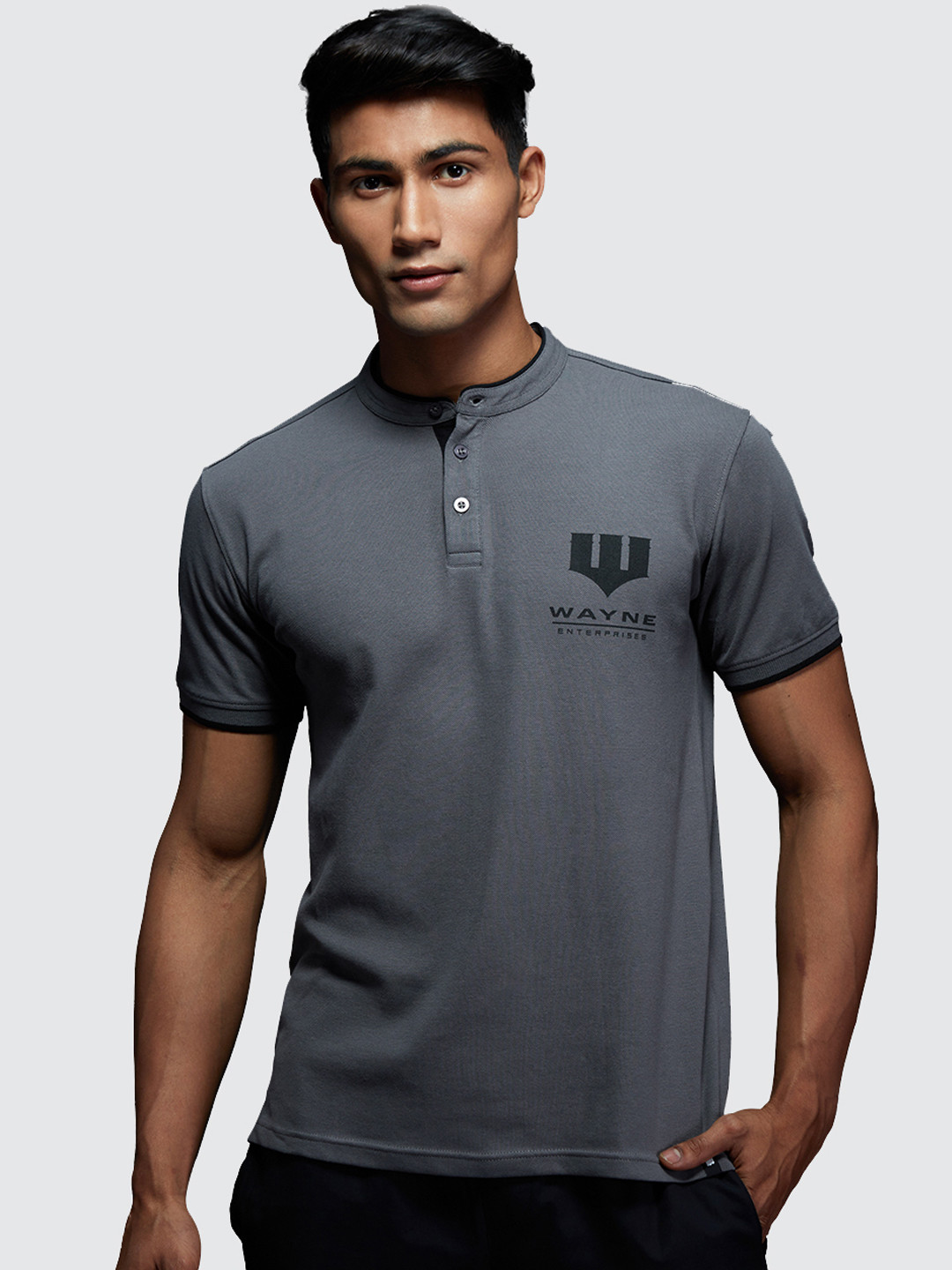 The Souled Store Men Grey Brand Logo Printed Mandarin Collar T-shirt