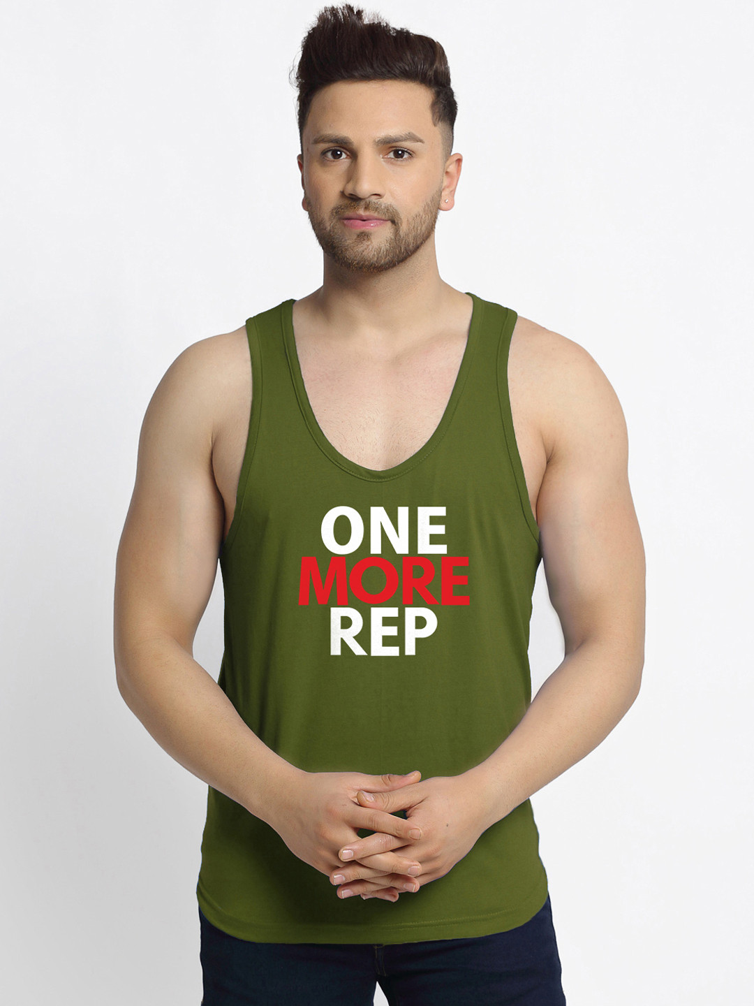 Friskers Men Olive-Green & White Printed Cotton Apple Cut Gym Vest