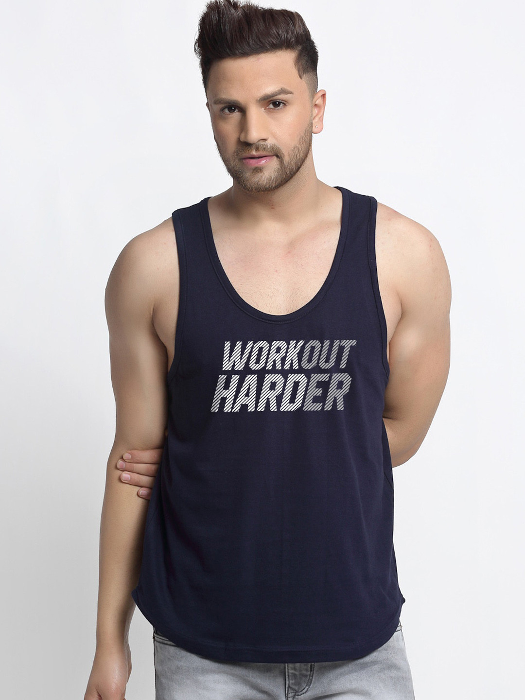 Friskers Men Navy Blue & Grey Printed Cotton Gym Vest C122-17-S