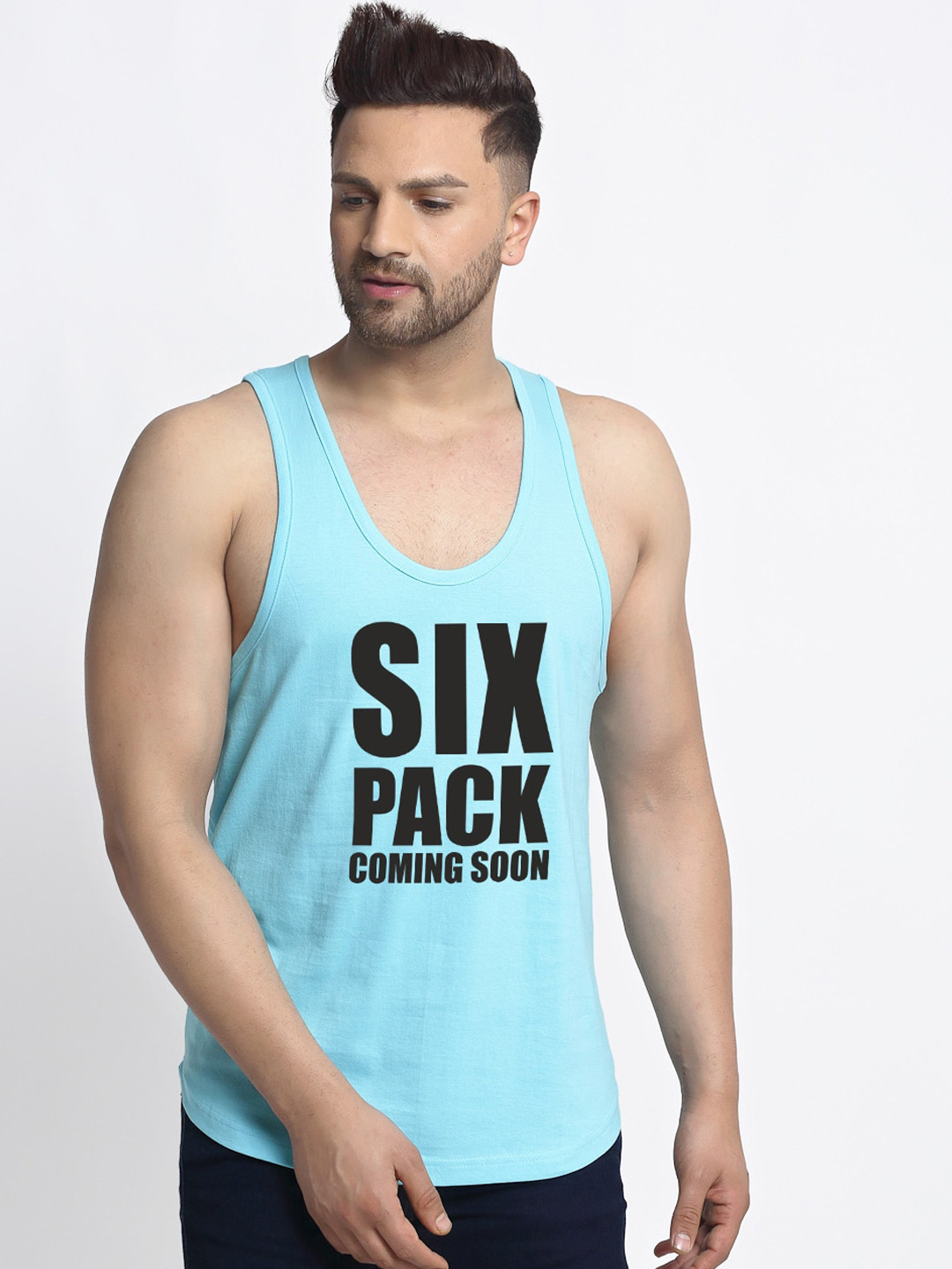 Friskers Men Turquoise Blue & Black Printed Pure Cotton Gym Vest C121-20-XL