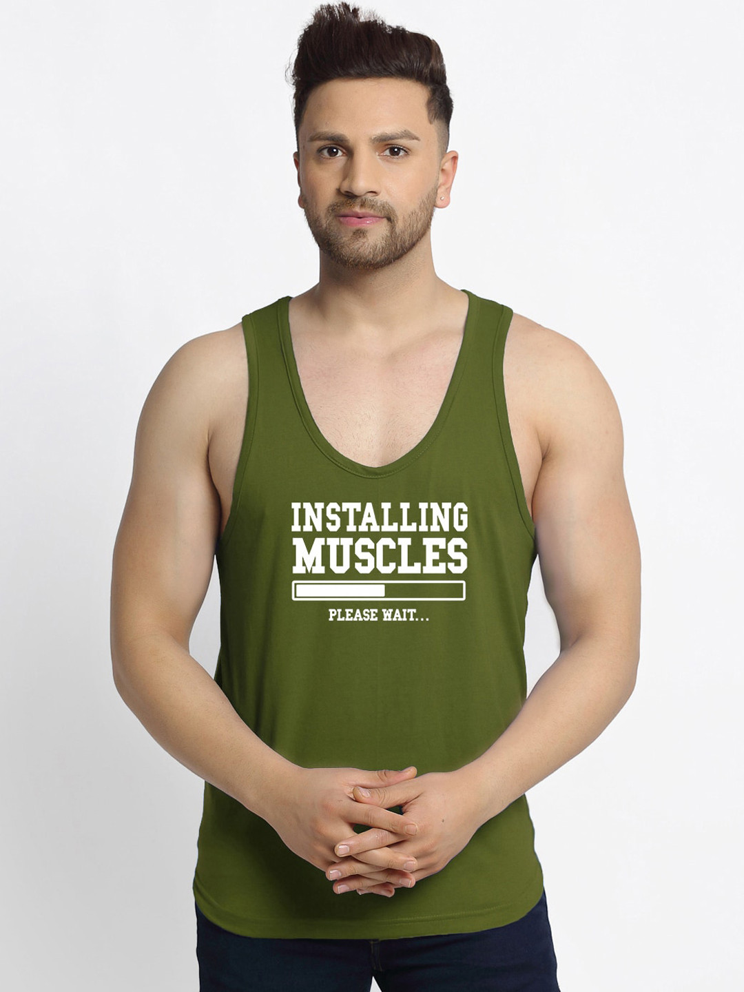 Friskers Men Olive-Green & White Printed Cotton Apple Cut Gym Vest C105-34-S