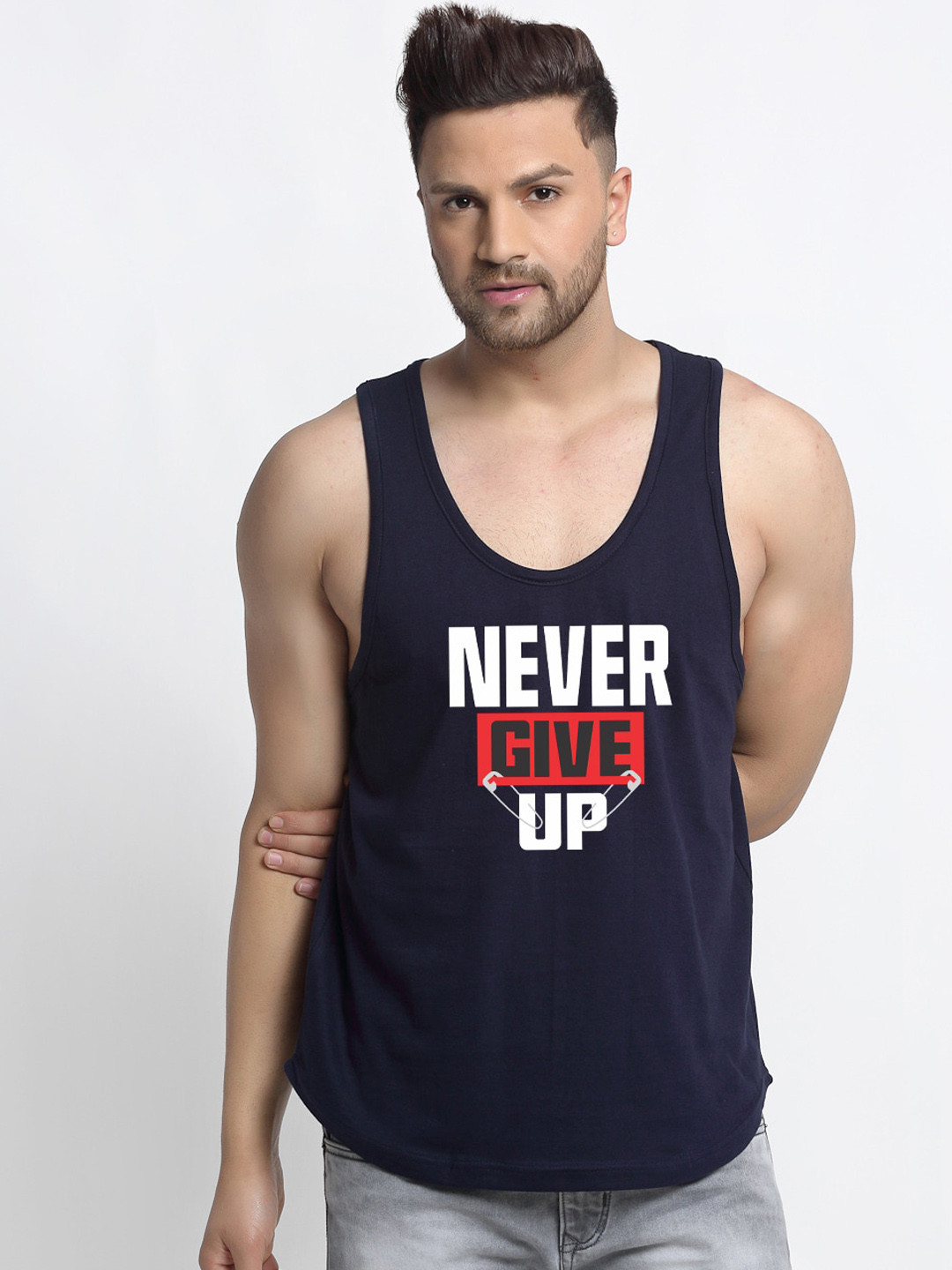 Friskers Men Navy Blue Never Give Up Printed Pure Cotton Innerwear Vest