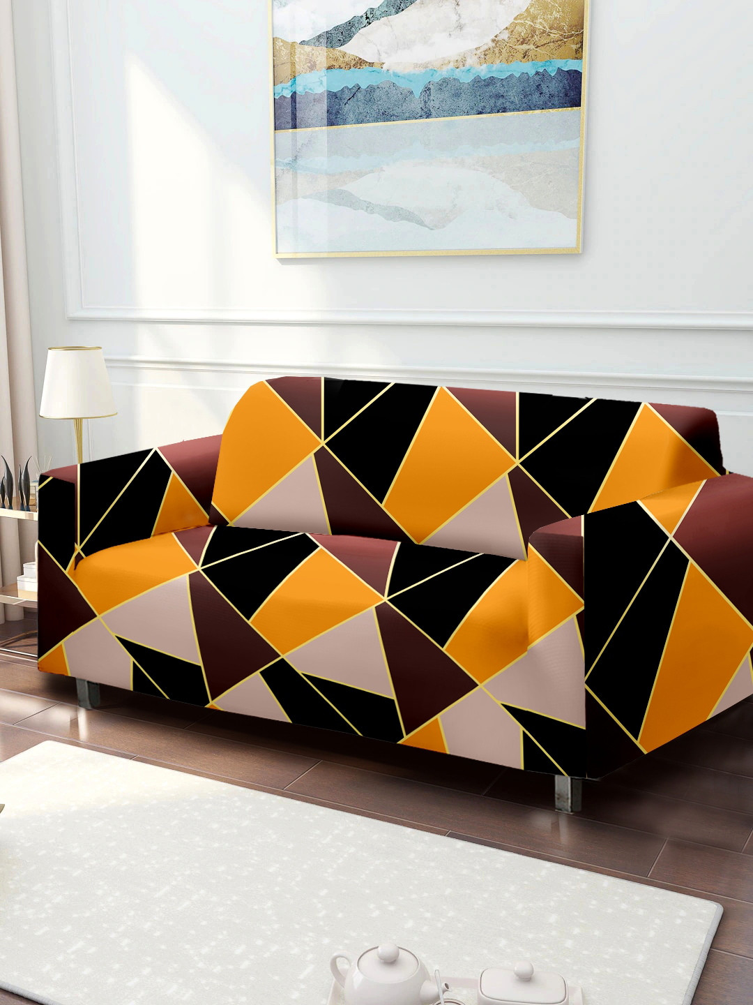 Aura Orange & Black Printed 2-Seater Sofa Cover
