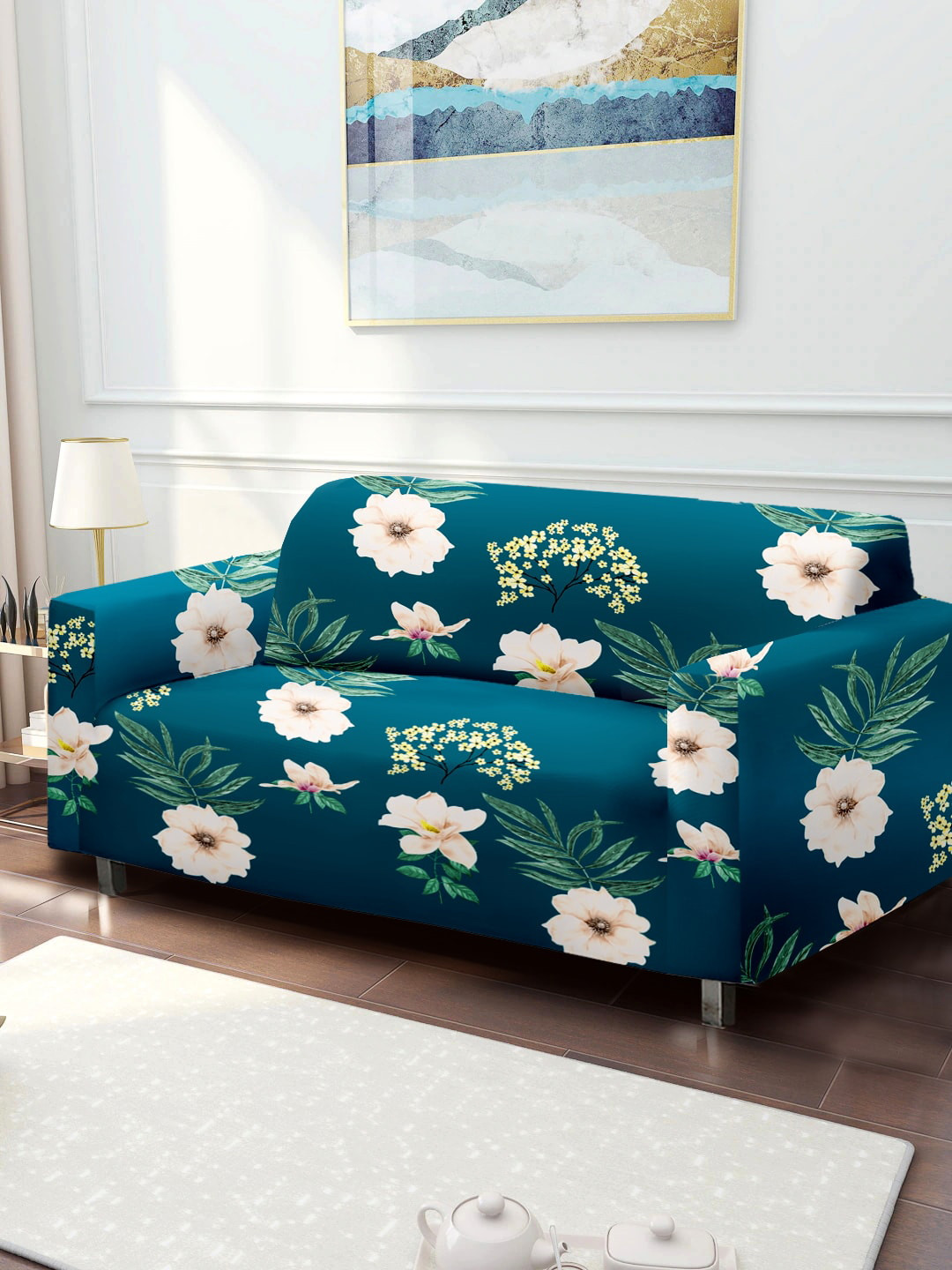 Aura Blue & Green Floral Printed 2-Seater Sofa Cover