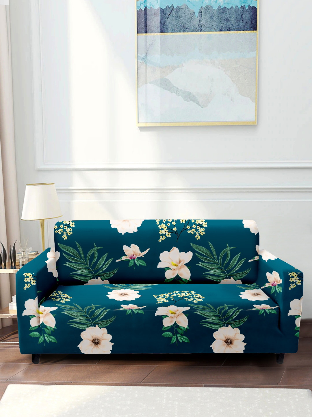 Aura Teal Blue & Green Floral Printed 3-Seater Non-Slip Sofa Cover