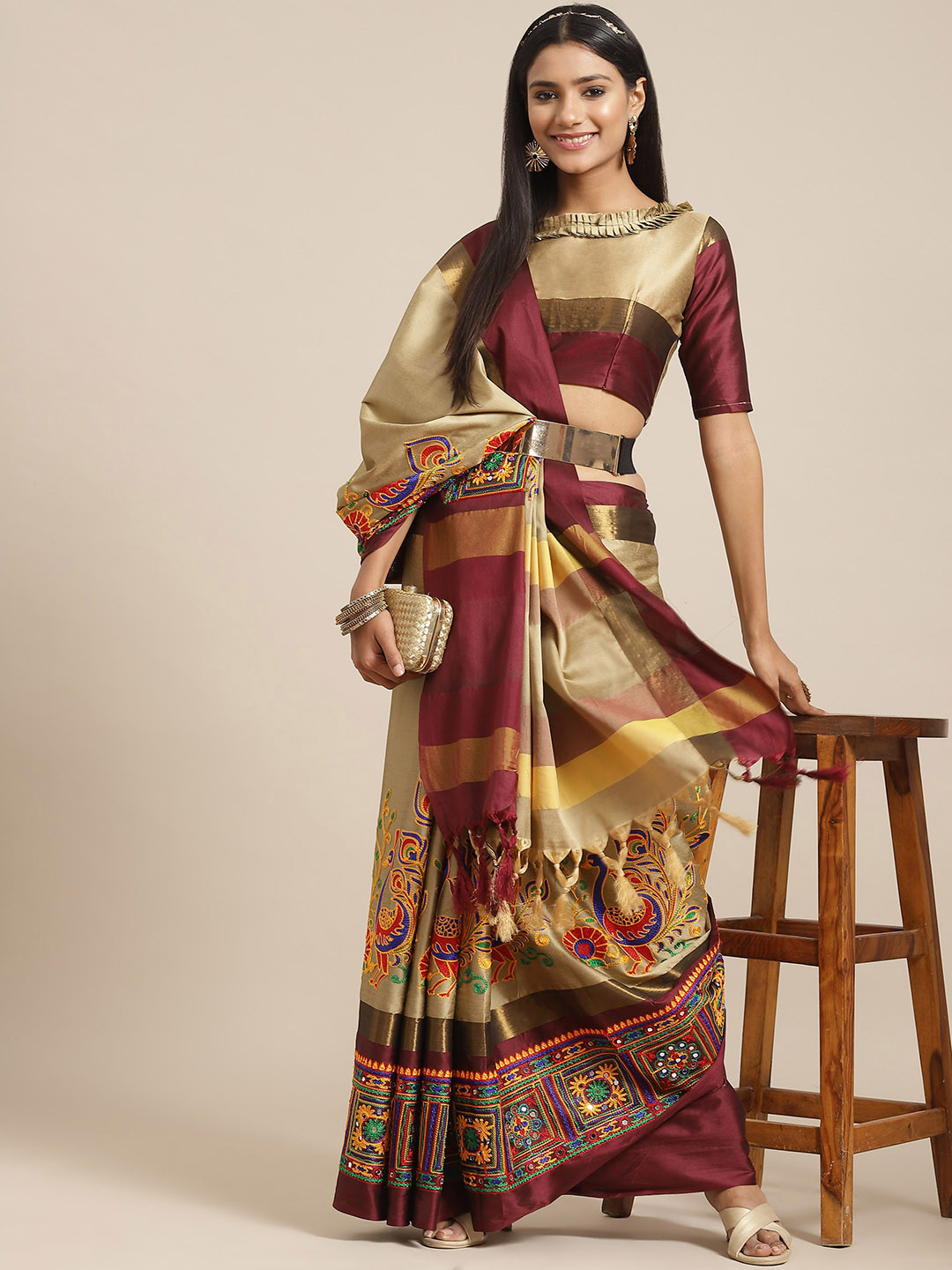 SERONA FABRICS Cream-Coloured & Maroon Embellished Kutchi Embroidery Silk Cotton Saree